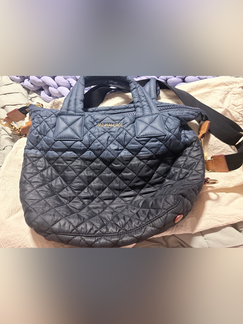 MZ Wallace Medium Sutton Navy Black Quilted Tote Bag Crossbody – Good Condition